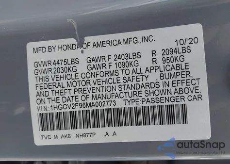 2021 Honda Accord Touring z USA, uszkodzony, nr VIN 1HGCV2F96MA002773